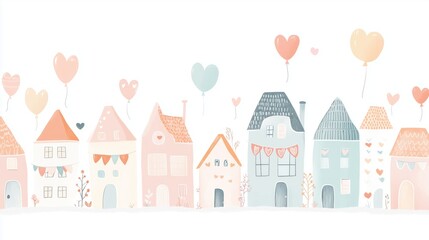 Fototapeta premium Whimsical Hand-Drawn Town with Balloons and Festive Decorations