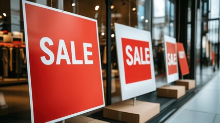 Clearance sale signs displayed prominently in store windows, attracting shoppers with enticing discounts and promotions, reflecting the excitement and urgency of retail bargains.