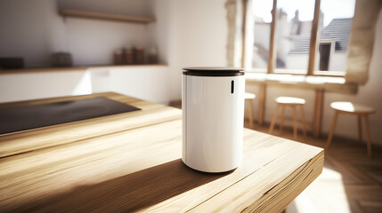 Smart kitchen device on wooden counter, sunlit room, old town view