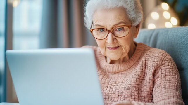 Elderly Woman Using Laptop at Home in Comfortable Setting, symbolizing digital literacy