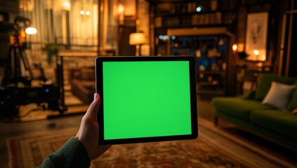 Hand holding tablet with green screen in a dimly lit room.