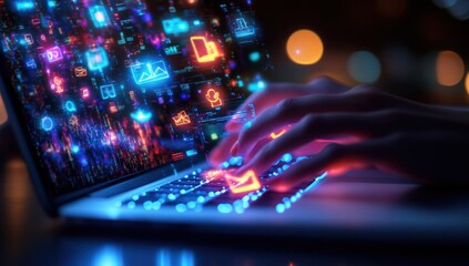 Digital World: Hands Typing on Glowing Laptop Keyboard with Neon Icons and Data Streaming