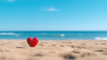 Fototapeta premium Beach backdrop with a vibrant red heart in the center providing ample copy space for text or images