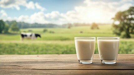 Fresh glass of milk on a wooden table with blurred cows in the background during a sunny day on a farm. Perfect for dairy and agriculture themes.