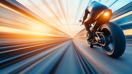a sports motorcycle driving at full speed Dynamic motorcycle riding at sunset