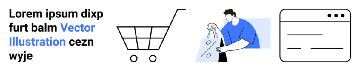 Shopping cart next to a person holding bags and a web interface. Ideal for e-commerce, online shopping, retail, digital marketing, web development, user experience design, sales. Landing page