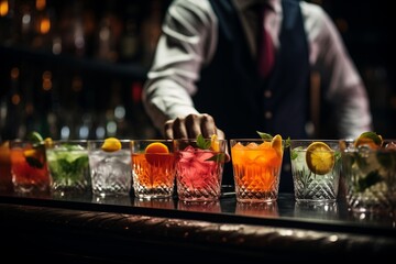 A stylish bartender serving an array of colorful cocktail drinks in elegant glassware at a dimly lit bar.