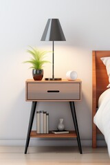 A stylish bedside table with a lamp, plant, and books, enhancing a modern bedroom aesthetic.