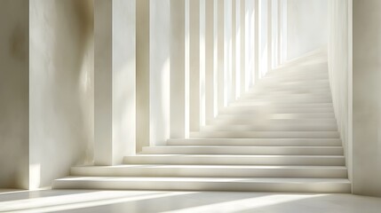 Obraz premium White spiral staircase in modern building, sunlight streams through, architectural design