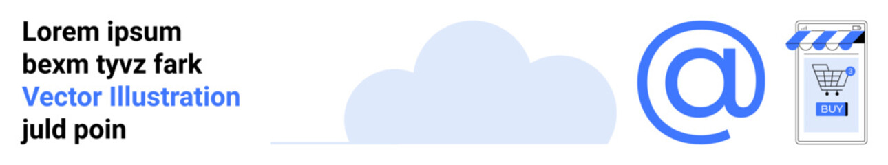 Cloud graphic, shopping cart icon on a webpage, and email symbol. Ideal for digital marketing, e-commerce, online services, cloud computing, email campaigns, technology blogs, and social media