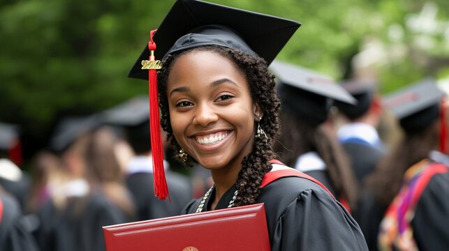 Smiling Black female graduate proudly holds her diploma at a commencement ceremony, surrounded by fellow graduates.