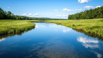 Obraz premium Serene Landscape of a Calm River Surrounded by Lush Greenery