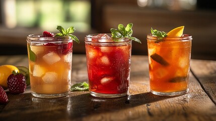Refreshing drinks in glass jars adorned with mint leaves and fruit, perfect for a summer gathering.