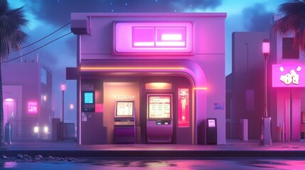Obraz premium Neon Lit Nighttime Kiosk City Street Scene