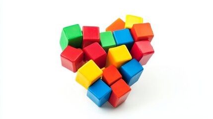 A vibrant heart shape formed from brightly colored children's building blocks, standing at an angle against a pure white background.