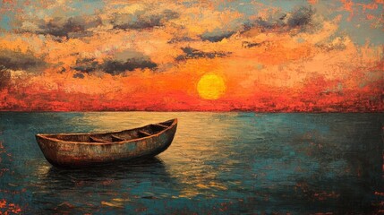 A weathered ship floats serenely in the tranquil embrace of the setting sun, casting a silhouette against the vibrant tapestry of the ocean and sky.