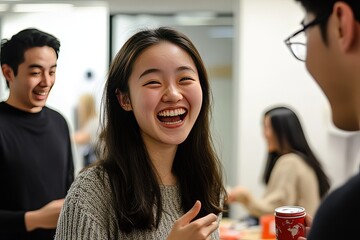 A group of young Asian entrepreneurs in an office, celebrating a milestone with excitement, smiling and exchanging congratulatory words.