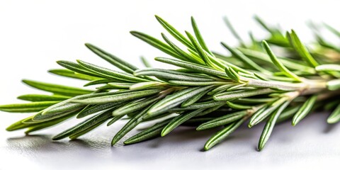 Fototapeta premium Close-up of fragrant, fresh rosemary leaves with delicate purple stems and a hint of green, set against a soft white background