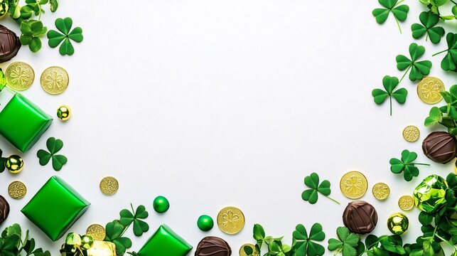 Vibrant St. Patrick's Day decorations with green gifts, shamrocks, and gold coins create a festive atmosphere.