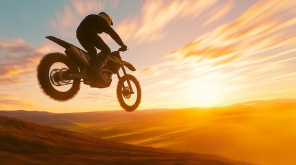 Silhouetted male motorcyclist jumps at sunset over desert landscape