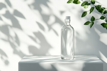 Clear glass bottle on white surface with leaf shadows.