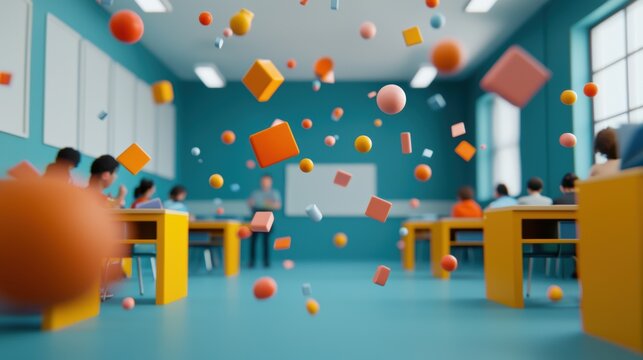 Colorful geometric shapes floating above a classroom scene