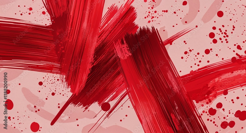 Wall mural abstract red brushstrokes with random splatters on a soft red pattern background