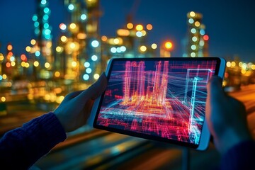 Person using tablet to view digital plant model at night.