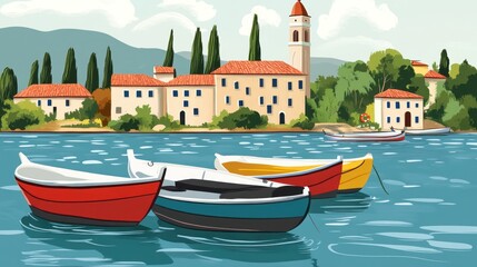 Fototapeta premium Mediterranean Coastal Village Scene With Boats Moored Gently