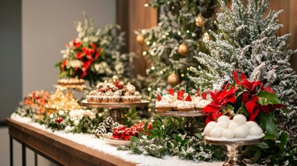 Fototapeta premium Winter wonderland podium adorned with snow-kissed firs, ready to showcase holiday cheer and festive treats.