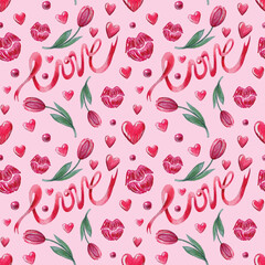 Watercolor hand painted love pattern. Kiss, pink hearts, Valentines day, flowers. Pink background. Use it for postcards, invitations, and scrapbooking.