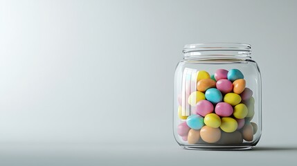 A clear, modern glass jar filled with colorful candies, isolated on a white background for a confectionery ad.