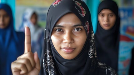 Young Muslim woman clad in hijab holds up a finger after casting her vote in the Indonesian election.