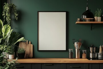 Blank poster mockup in a green kitchen with plants and wooden shelves.