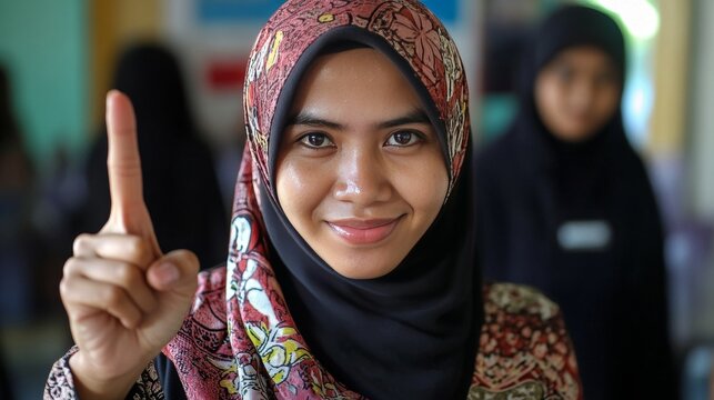 Young Muslim woman clad in hijab holds up a finger after casting her vote in the Indonesian election.