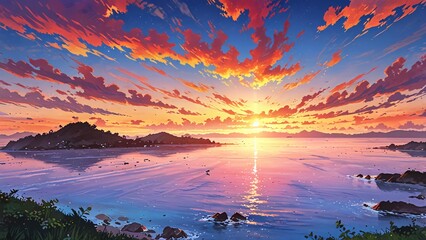 cartoon anime sunset over islands landscape with colorful clouds