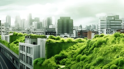 Green rooftops adorn a modern city skyline