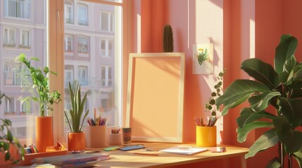 Sunny Workspace With Plants And Artwork