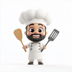 Transparent 3D Emoji of an Arabian Chef, White Chef's Hat and Spatula in Hand, Flashing a Confident Smile..