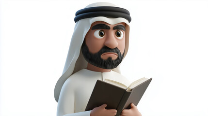 Transparent 3D Emoji of an Arabian Man, Dressed in Traditional Attire, Displaying a Serious Face While Reading a Book..