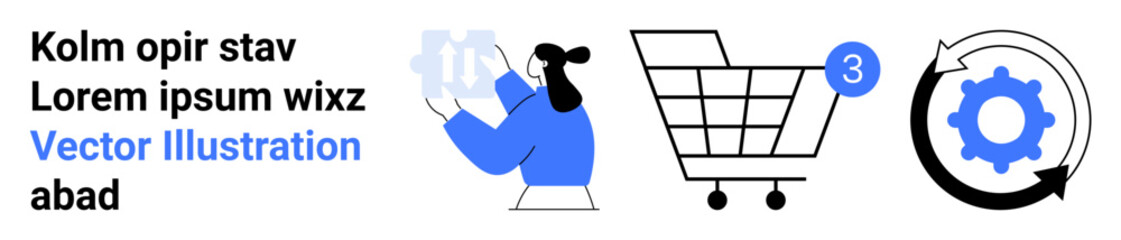 User interacting with holographic elements, shopping cart, and gear symbolizing synchronization and settings. Ideal for e-commerce, technology, digital marketing, business management, automation