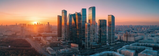 Photo of high-rise buildings with glass facades in the downtown area during sunset.