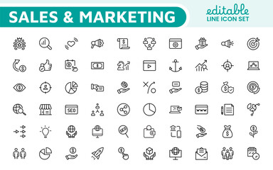 Sales and Marketing Icon Set. A dynamic collection of icons designed to enhance branding, promotions, and customer engagement, perfect for marketing materials and business applications.