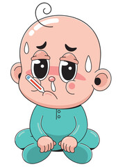 Cartoon Illustration of Sick Baby with Thermometer