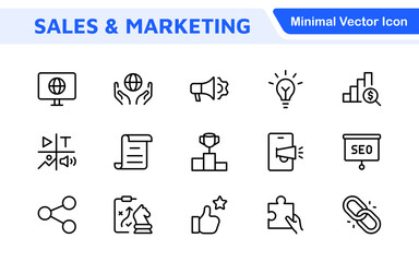 Sales and Marketing Icon Set. A dynamic collection of icons designed to enhance branding, promotions, and customer engagement, perfect for marketing materials and business applications.