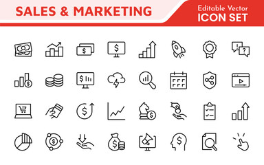 Sales and Marketing Icon Set. A dynamic collection of icons designed to enhance branding, promotions, and customer engagement, perfect for marketing materials and business applications.
