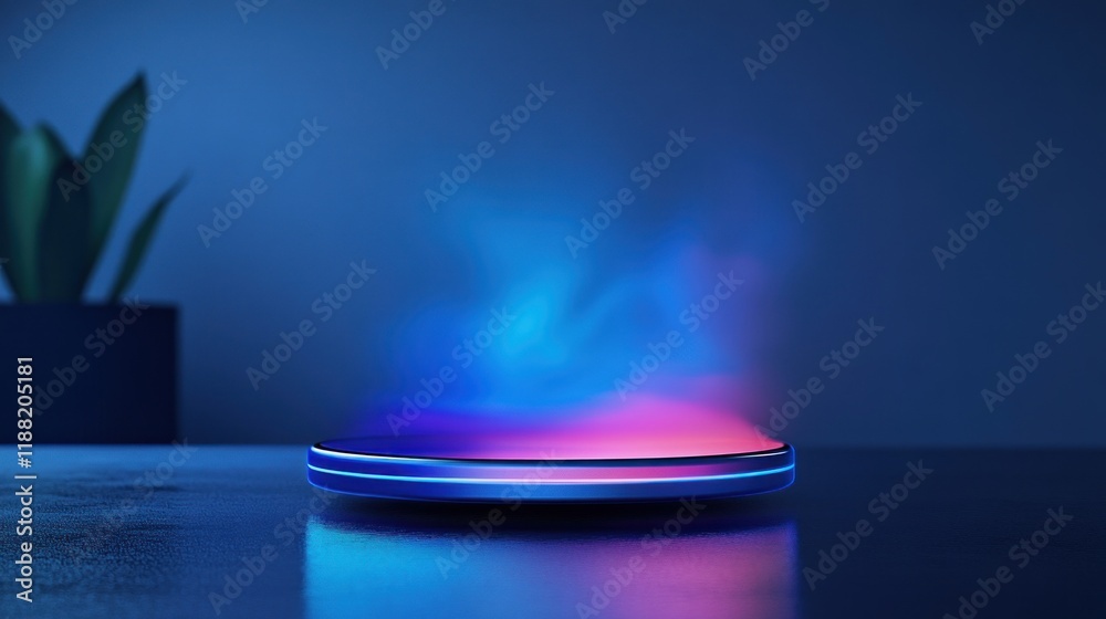 Poster illuminated circular platform with glowing vapor effect