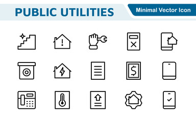  Public utilities linear signed icon collection. Signed thin line icons collection. Set of public utilities simple outline icons.