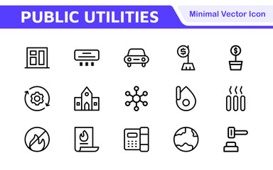  Public utilities linear signed icon collection. Signed thin line icons collection. Set of public utilities simple outline icons.
