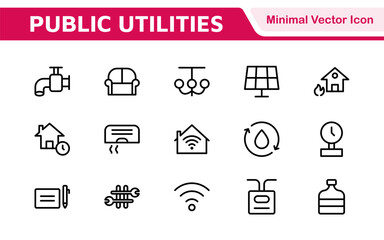  Public utilities linear signed icon collection. Signed thin line icons collection. Set of public utilities simple outline icons.